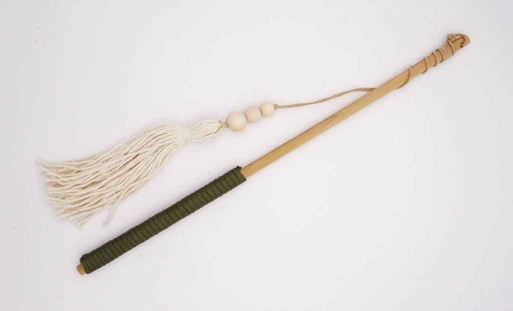 Handmade Teaser Wand Toy w/ Fringes (natural/olive color)