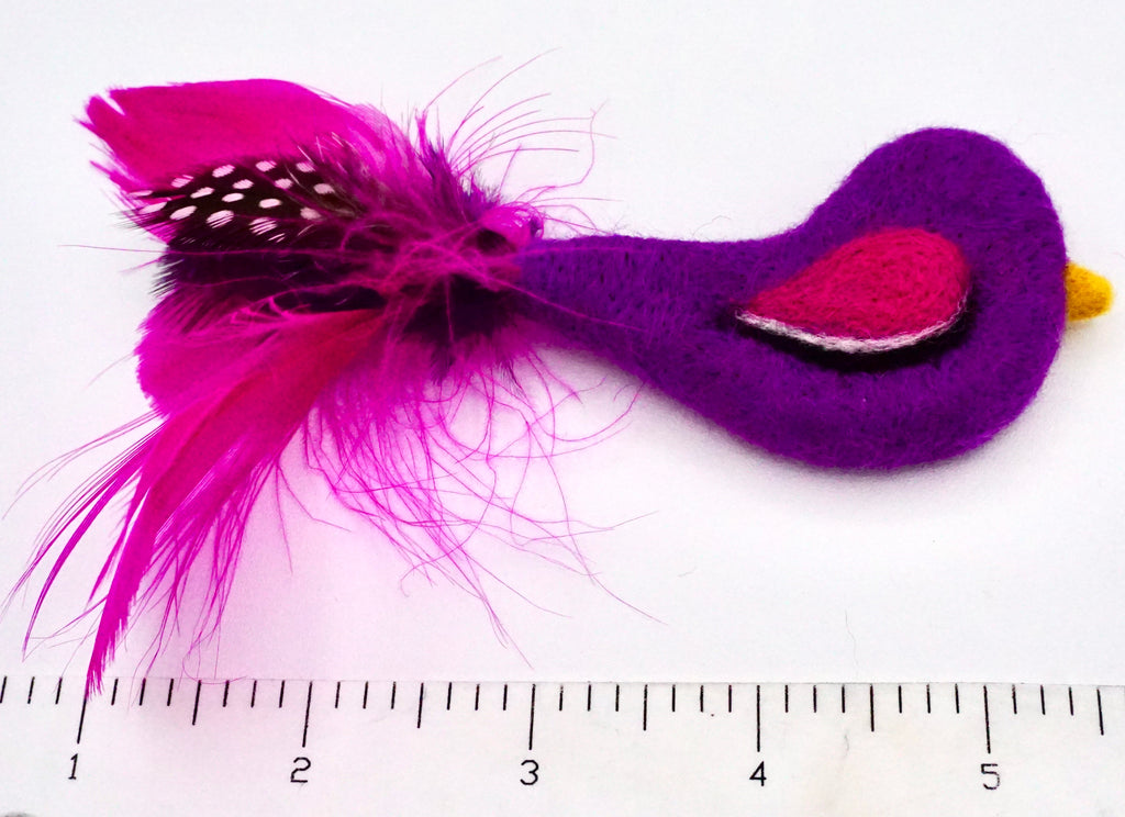 Size of Purple Felt Bird Cat Toy with Feathers