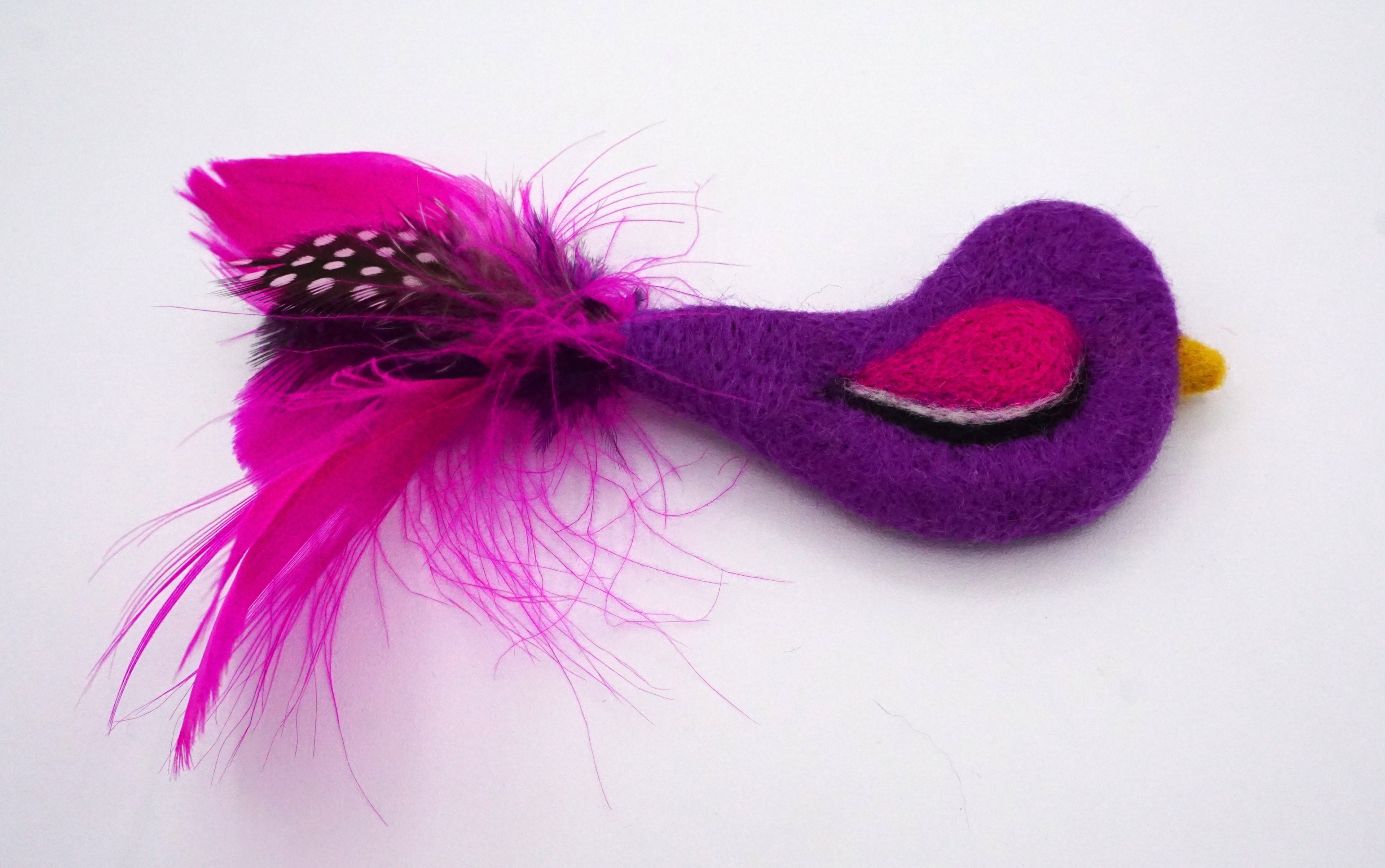 Handmade Purple Felt Bird Toy with Natural Feathers